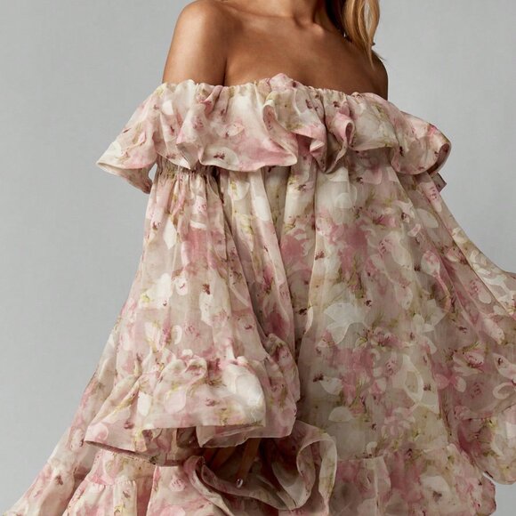 Pink Boho Women's Floral Chiffon Bardot Mini Off Shoulder Ruffle Dress - Picture 6 of 6